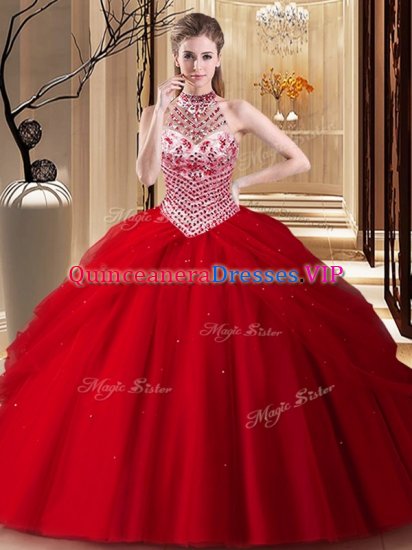 Red Lace Up Halter Top Beading and Pick Ups Sweet 16 Quinceanera Dress Tulle Sleeveless Brush Train - Click Image to Close