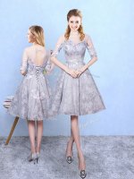Amazing Grey Half Sleeves Printed Lace Up Dama Dress for Prom and Party