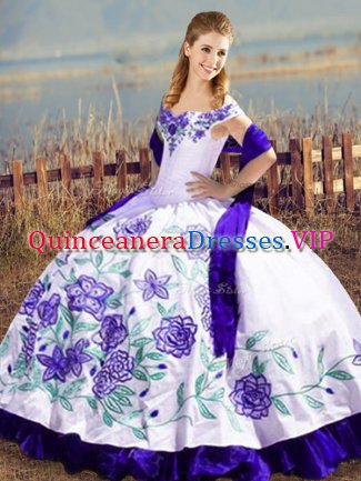 White And Purple Lace Up Off The Shoulder Embroidery and Ruffles Quinceanera Dress Satin and Organza Sleeveless