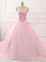 Glorious Tulle Sleeveless Ball Gown Prom Dress Brush Train and Beading