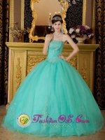 AffordableTurquoise Strapless Organza Beading Ball Gown Quinceanera Dress In Lyons Kansas/KS(SKU QDZY218-HBIZ)
