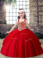 Stunning Red Straps Neckline Beading Little Girls Pageant Dress Sleeveless Lace Up