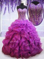 Sweetheart Sleeveless Ball Gown Prom Dress Floor Length Beading and Ruffles Eggplant Purple Organza