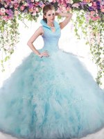 Baby Blue Sleeveless Floor Length Beading and Ruffles Backless Quinceanera Gowns