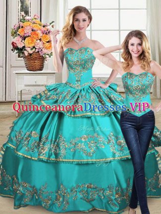 Aqua Blue Sleeveless Floor Length Embroidery and Ruffled Layers Lace Up Quinceanera Gowns