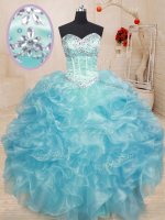 Romantic Aqua Blue Lace Up Sweet 16 Quinceanera Dress Beading and Ruffles Sleeveless Floor Length