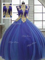 Stylish High-neck Sleeveless Sweet 16 Dress Floor Length Appliques Royal Blue Tulle