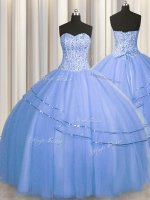Hot Sale Visible Boning Big Puffy Blue Quinceanera Gowns Military Ball and Sweet 16 and Quinceanera with Beading Sweetheart Sleeveless Lace Up
