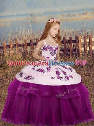 Amazing Tulle Sleeveless Floor Length Pageant Gowns For Girls and Embroidery