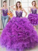 Modest Three Piece Eggplant Purple Organza Lace Up Sweetheart Sleeveless Floor Length Party Dresses Beading and Ruffles
