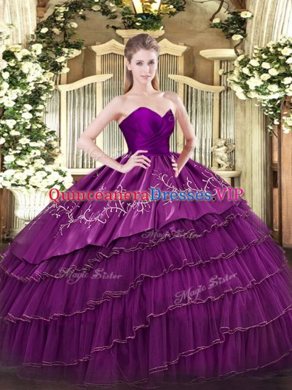 Eggplant Purple Organza and Taffeta Zipper Quinceanera Dresses Sleeveless Floor Length Embroidery and Ruffled Layers - Click Image to Close