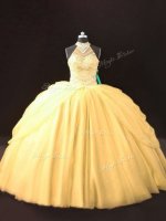 Modest Gold Quinceanera Gown Sweet 16 and Quinceanera with Beading and Pick Ups Halter Top Sleeveless Lace Up