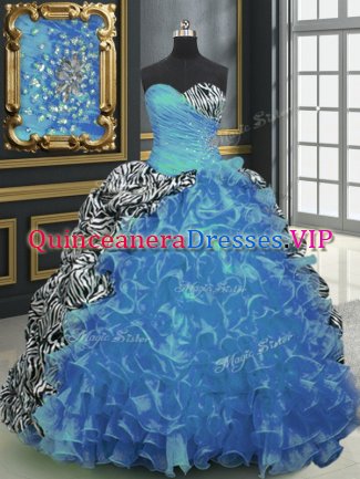 Printed Sleeveless With Train Beading and Ruffles and Pattern Lace Up Party Dress for Girls with Baby Blue Brush Train