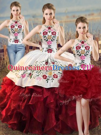 Traditional Floor Length White And Red Ball Gown Prom Dress Organza Sleeveless Embroidery and Ruffles