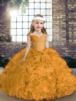 Cute Gold Lace Up Straps Beading High School Pageant Dress Fabric With Rolling Flowers Sleeveless