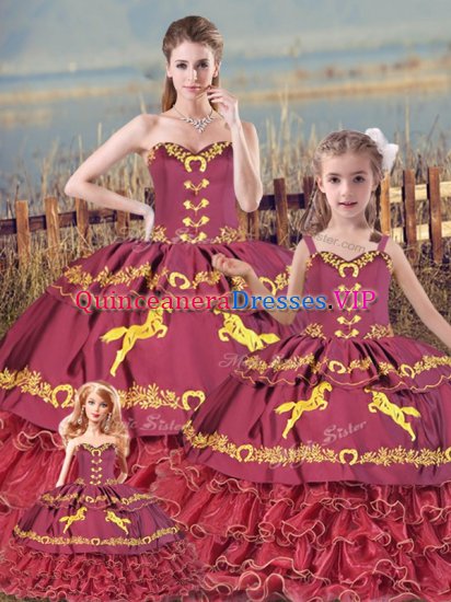 Custom Made Burgundy Ball Gowns Sweetheart Sleeveless Satin and Organza Floor Length Zipper Embroidery and Ruffled Layers Quinceanera Dress - Click Image to Close