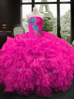 Custom Designed Fuchsia Ball Gowns Strapless Sleeveless Organza Floor Length Lace Up Embroidery and Ruffles 15th Birthday Dress