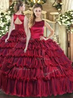 Unique Scoop Sleeveless Quince Ball Gowns Floor Length Ruffled Layers Wine Red Organza