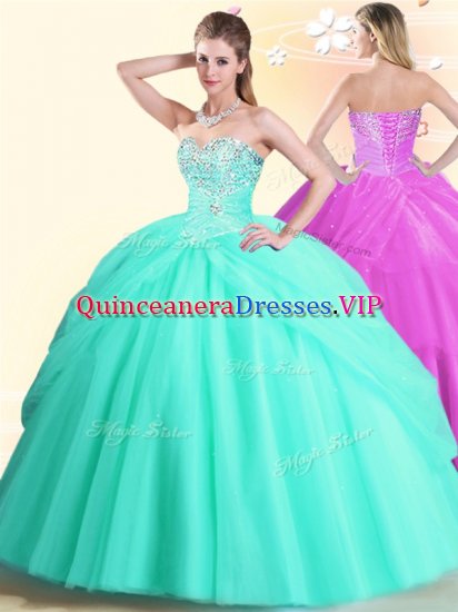 Floor Length Apple Green 15 Quinceanera Dress Tulle Sleeveless Beading - Click Image to Close