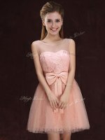 Deluxe Scoop Sleeveless Tulle and Lace Mini Length Lace Up Vestidos de Damas in Peach with Lace and Bowknot