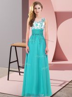 Artistic Sleeveless Floor Length Appliques Backless Damas Dress with Teal