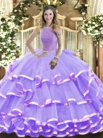 Sleeveless Organza Floor Length Lace Up Sweet 16 Dresses in Lavender with Beading and Ruffled Layers(SKU SJQDDT1448002-2BIZ)