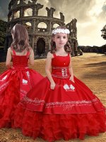 Red Ball Gowns Embroidery and Ruffled Layers Kids Formal Wear Zipper Satin and Organza Sleeveless Floor Length