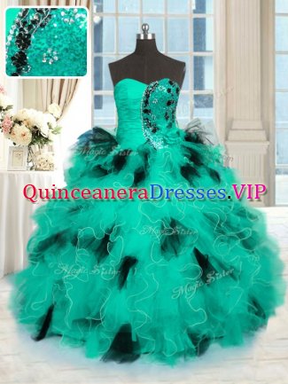 Free and Easy Beading and Ruffles Vestidos de Quinceanera Turquoise Lace Up Sleeveless Floor Length
