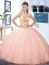 Great Halter Top Floor Length Ball Gowns Sleeveless Peach Quinceanera Dresses Lace Up