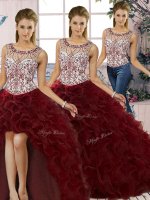 Floor Length Lace Up Vestidos de Quinceanera Burgundy for Military Ball and Sweet 16 and Quinceanera with Beading and Ruffles