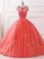 Admirable Coral Red Ball Gowns Beading and Lace 15 Quinceanera Dress Lace Up Tulle Sleeveless