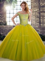 Floor Length Olive Green Quince Ball Gowns Off The Shoulder Sleeveless Lace Up