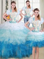 Colorful Three Piece Multi-color Lace Up 15th Birthday Dress Beading and Appliques Sleeveless Floor Length