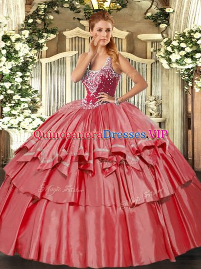 High Class Straps Sleeveless Lace Up Quince Ball Gowns Coral Red Organza and Taffeta - Click Image to Close