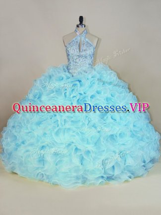 Aqua Blue Fabric With Rolling Flowers Lace Up Vestidos de Quinceanera Sleeveless Brush Train Beading and Ruffles