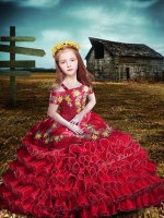 Red Off The Shoulder Neckline Embroidery and Ruffled Layers Girls Pageant Dresses Short Sleeves Lace Up