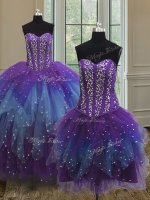 Three Piece Multi-color Sweetheart Lace Up Beading and Ruffles and Sequins 15 Quinceanera Dress Sleeveless(SKU PSSW055KC002-2BIZ)