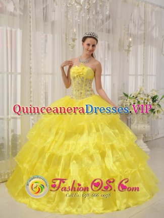 Penrhyndeudraeth Gwynedd Yellow Sweet Quinceanera Dress For Strapless Taffeta and Organza With Beading Ball Gown