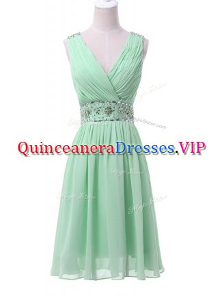 V-neck Sleeveless Chiffon Court Dresses for Sweet 16 Beading and Ruching Zipper