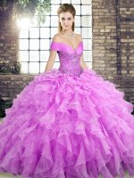 Lilac Sleeveless Organza Brush Train Lace Up 15 Quinceanera Dress for Military Ball and Sweet 16 and Quinceanera