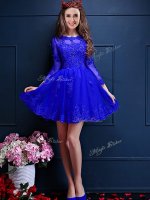 Artistic Blue Lace Up Scalloped Beading and Lace and Appliques Quinceanera Dama Dress Chiffon 3 4 Length Sleeve