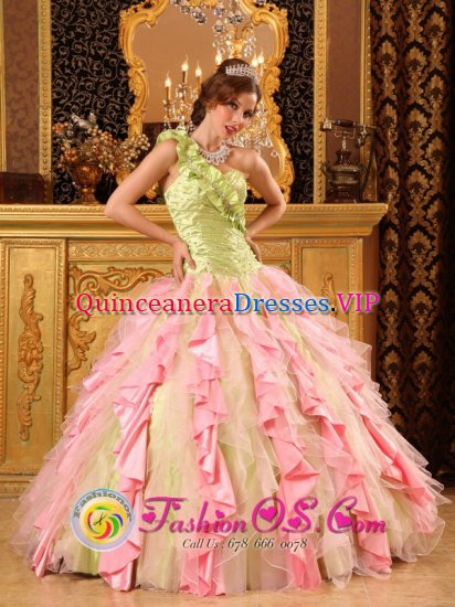 Grenada Mississippi/MS Custom Made Cheap Multi-Color Quinceanera Dress With One Shoulder Ruffled Decorate - Click Image to Close