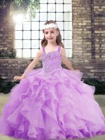 Exquisite Lavender Ball Gowns Tulle Straps Sleeveless Beading and Ruffles Floor Length Lace Up Pageant Gowns For Girls
