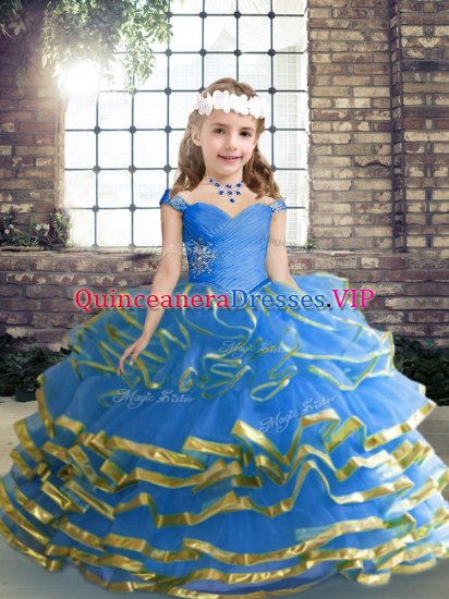 Super Tulle Straps Sleeveless Lace Up Beading and Ruffled Layers and Ruching Girls Pageant Dresses in Blue - Click Image to Close