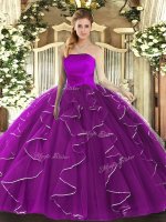 Pretty Purple Ball Gowns Ruffles Military Ball Dresses For Women Lace Up Tulle Sleeveless Floor Length