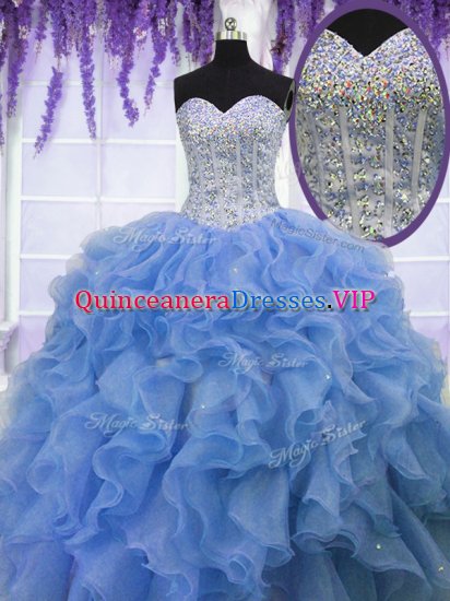 Blue Lace Up Sweetheart Beading and Ruffles Quinceanera Dresses Organza Sleeveless - Click Image to Close