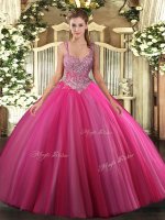 Discount Hot Pink V-neck Neckline Beading Quince Ball Gowns Sleeveless Lace Up