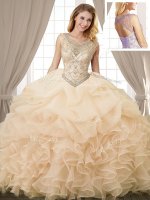 Scoop Sleeveless Organza Floor Length Lace Up 15th Birthday Dress in Champagne with Beading and Ruffles and Pick Ups