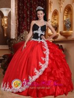 V-neck Appliques Embellishment Red and Black Floor-length Taffeta and Organza Quinceanera Dress in Haslum Norway