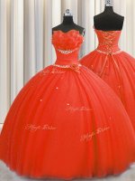 Handcrafted Flower Floor Length Ball Gowns Sleeveless Coral Red Sweet 16 Dress Lace Up